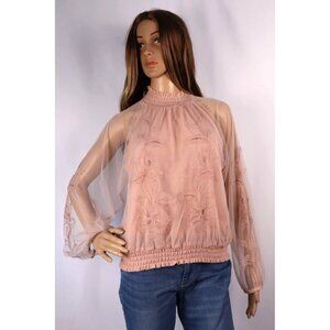 Guess Sheer Embroidered Blush Pink Top with Ruffle Neckline & Long Sleeves small